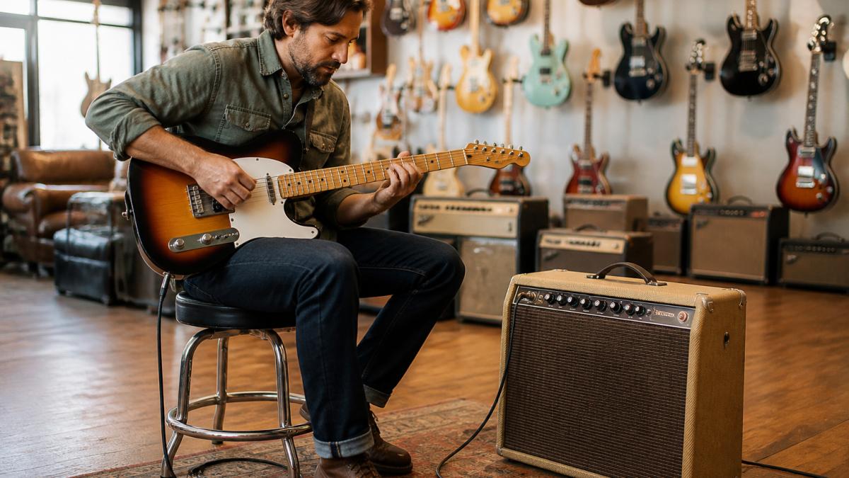 Musician testing a boutique amplifier by playing an electric guitar in a showroom while evaluating the tone.