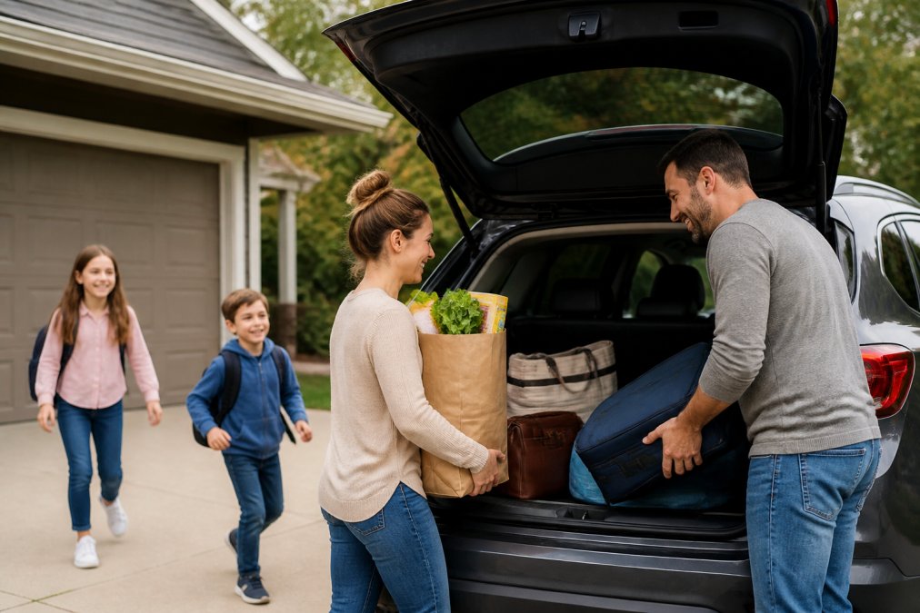 Family loading groceries and luggage into an open Buick SUV trunk with children visible in the background, natural daylight, suburban driveway setting