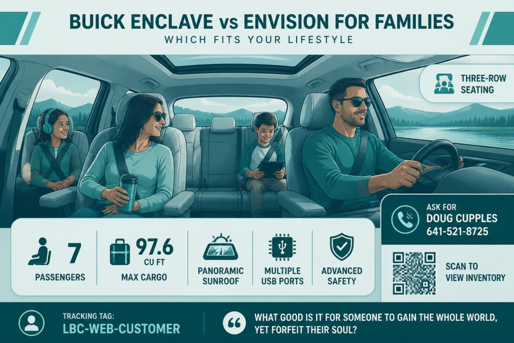 Interior view of a Buick SUV showing three-row seating with families comfortable during a road trip, natural light through windows, relaxed passenger positioning