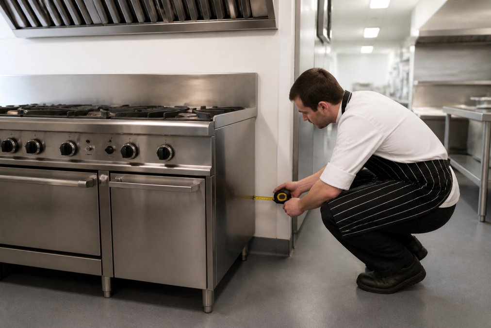 Commercial kitchen with a stainless steel gas range, a chef crouching with a measuring tape checking the gap between the unit and the wall, overhead extraction hood visible, cool white lighting