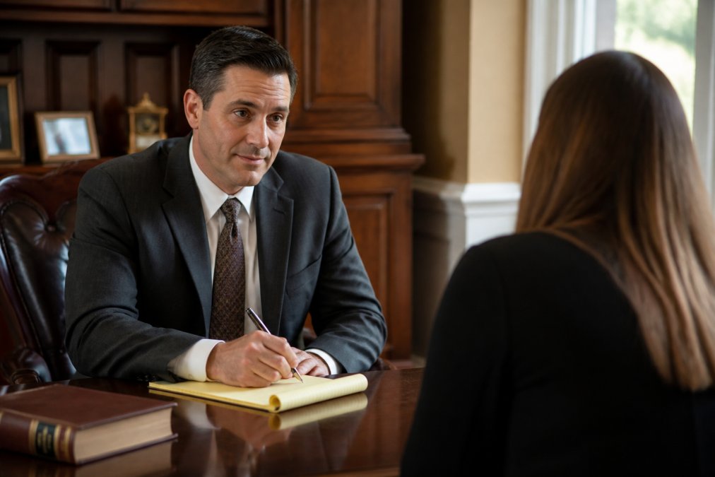 A professional attorney in a charcoal suit sitting across a desk from a client, listening attentively with a notepad, warm wood-paneled office with soft natural light from a window