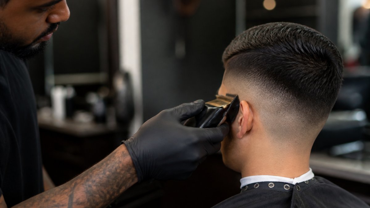 Professional barber demonstrating clipper technique on client's head showing blade angle and precision fade work with natural salon lighting