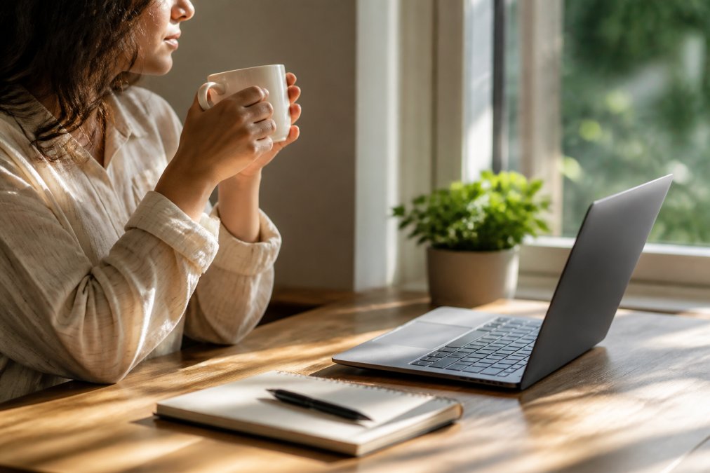 Remote worker at home desk with a fresh cup of coffee in morning light, laptop and coffee cup in focus on wooden desk, sunlight streaming through window
