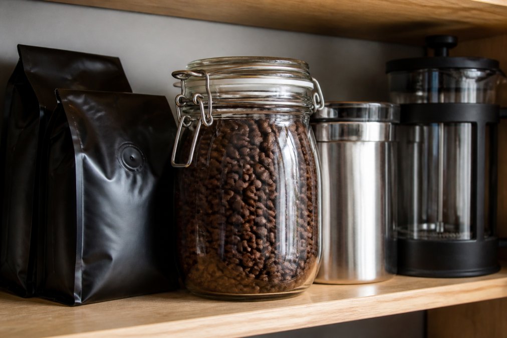 Close-up of coffee beans in an airtight glass container on a kitchen shelf, showing proper storage setup with beans and packaging visible, natural kitchen lighting