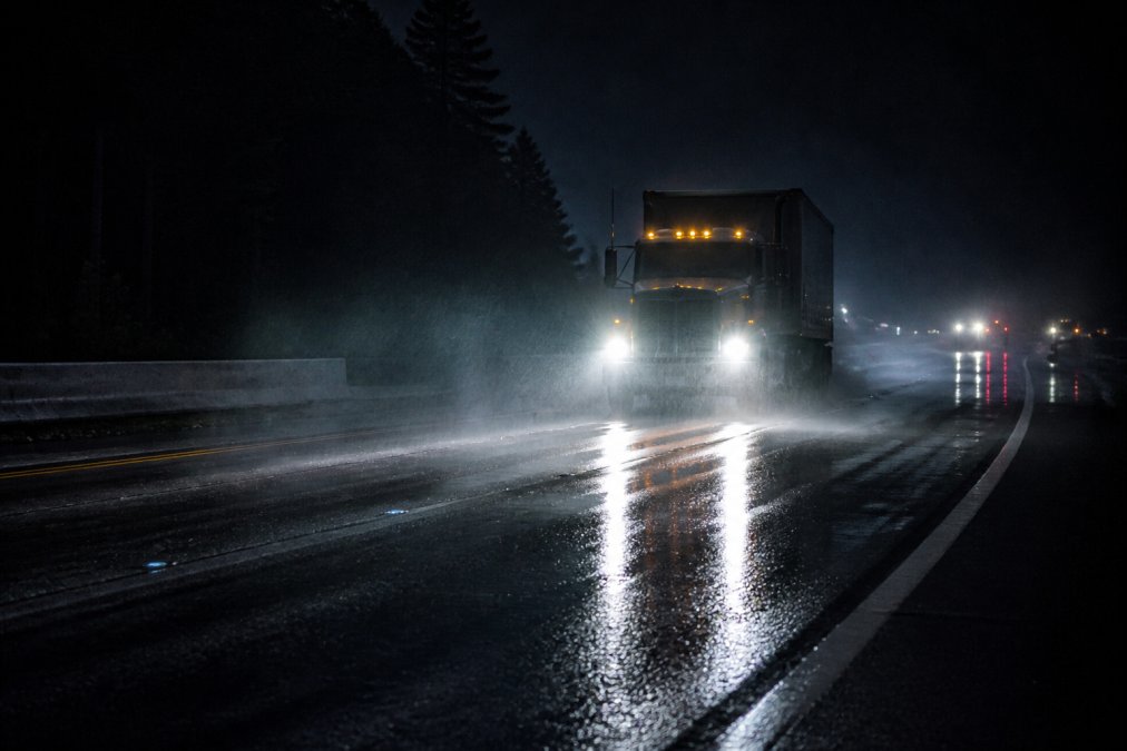Truck headlights illuminating a wet rain-soaked highway at night, showing beam pattern reflection on wet asphalt and road markings visible through mist, with moisture droplets catching light