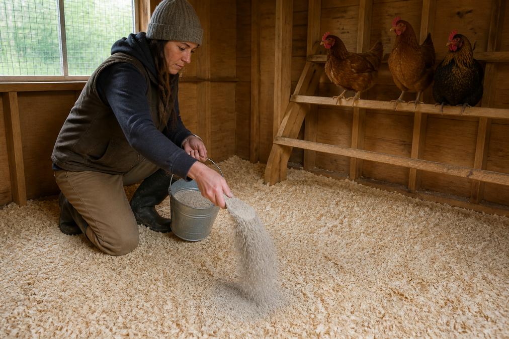 A backyard chicken keeper in work clothes sprinkling a mineral amendment across the floor of a clean wooden coop, with pine shavings visible and hens watching from a roost