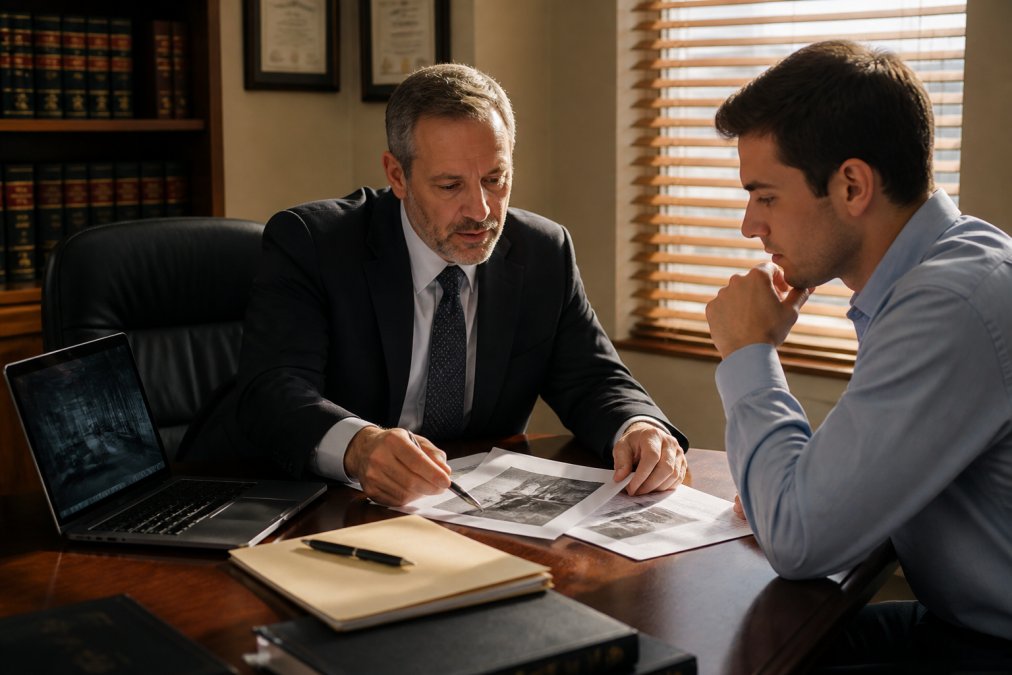 A defense attorney and client reviewing printed case documents and a laptop showing video footage at a wooden conference table in a law office, warm afternoon light through window blinds