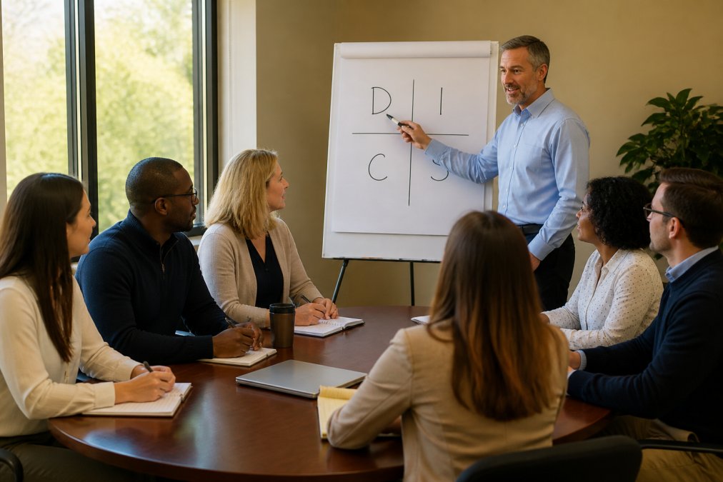 A facilitator standing beside a flip chart in a sunlit conference room, pointing to four handwritten quadrants labeled D, I, S, and C while six seated colleagues take notes