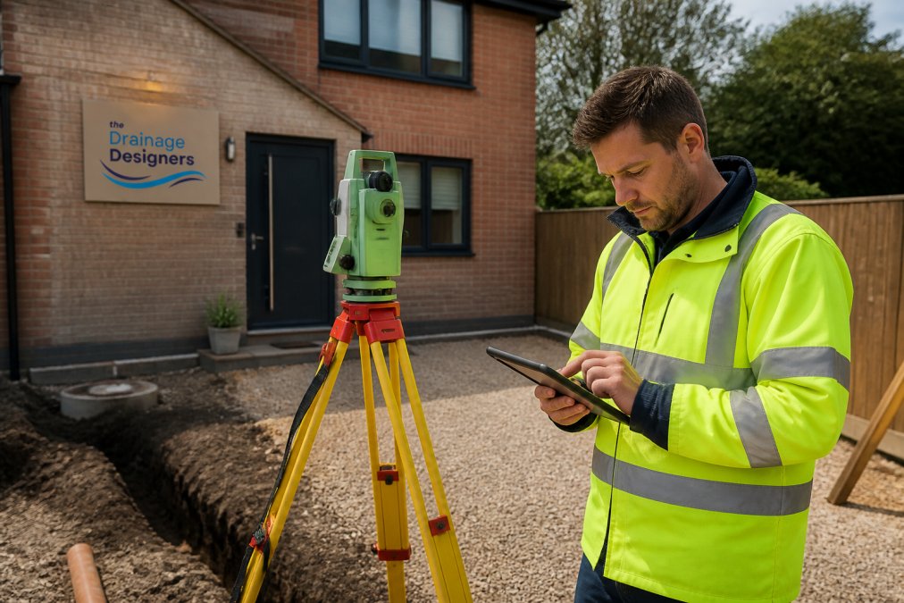 Professional drainage consultant conducting site survey with surveying equipment and tablet, examining ground conditions and taking measurements on residential property in daylight