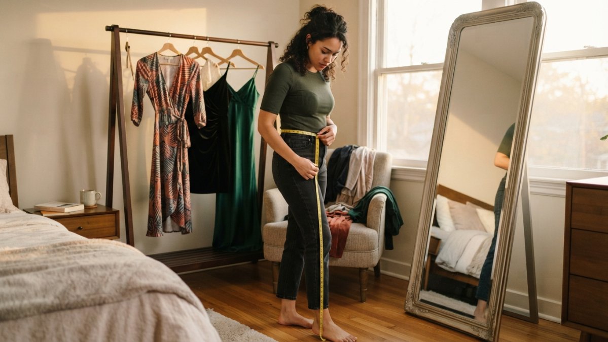 A woman standing in front of a full-length mirror in a bright bedroom, holding a soft measuring tape against her leg to check where a dress hem would fall, with a few dresses draped nearby