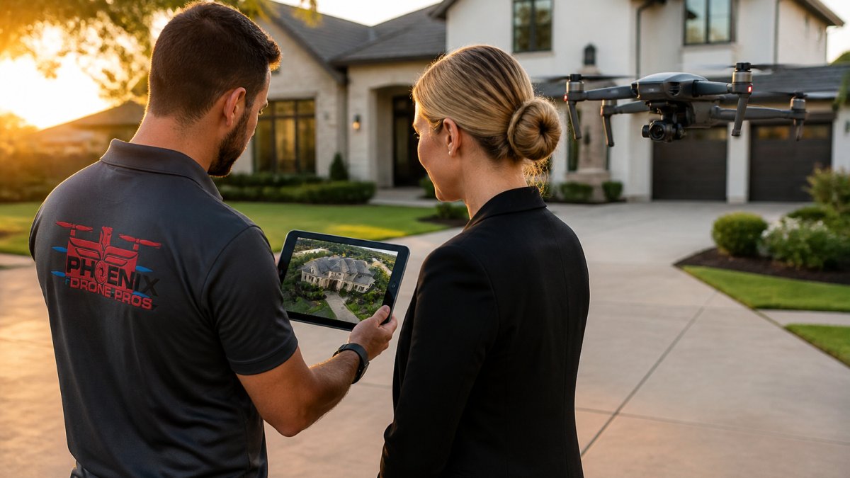 A real estate agent and a drone pilot standing on a suburban driveway at golden hour, looking at a tablet displaying an aerial view of a large house, with a professional camera drone hovering nearby