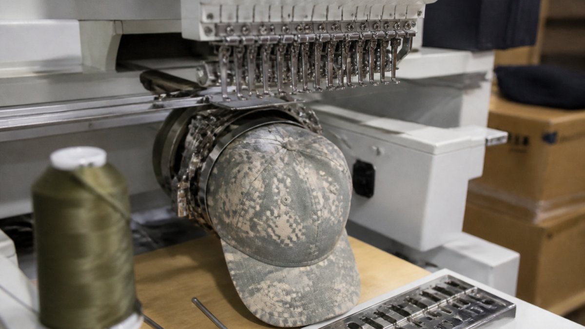 Close-up of a commercial embroidery machine stitching a military-style cap on a tubular hoop, with a spool of polyester thread visible in the foreground and a needle plate in sharp focus