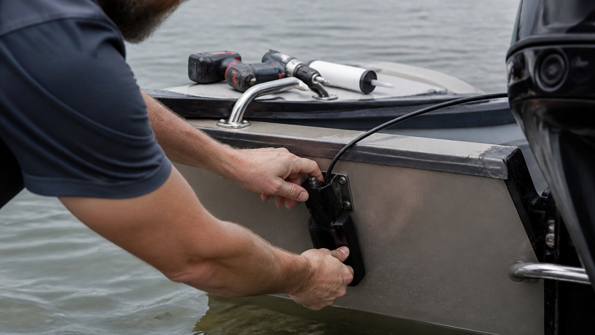 Boater using a drill to mount a fish finder transom transducer to the stern of a fishing boat