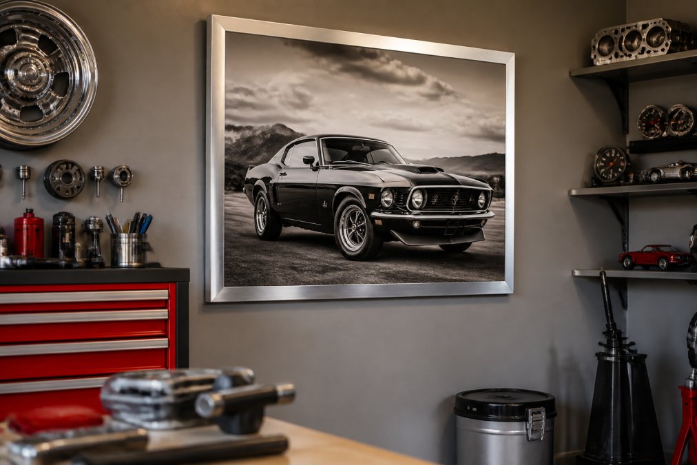 Professional framing of a classic muscle car print in a polished metal frame mounted on a garage wall with automotive memorabilia