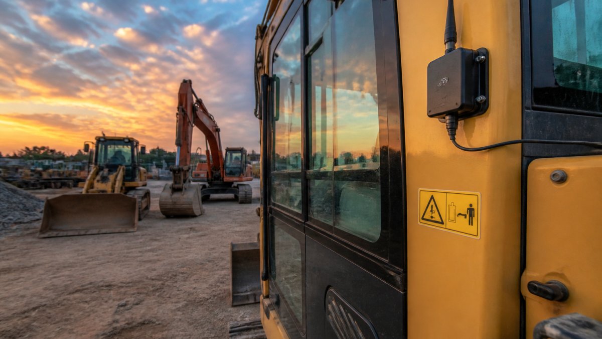 Construction site at dusk with heavy equipment including excavators and bulldozers parked, showing GPS tracking device mounted on equipment cab with warning decals