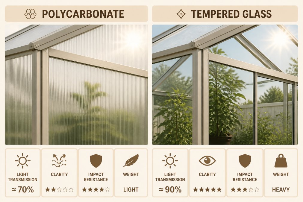 Close-up view of polycarbonate and tempered glass panels side by side mounted on an aluminum greenhouse frame, showing clarity differences and light transmission under bright sunlight