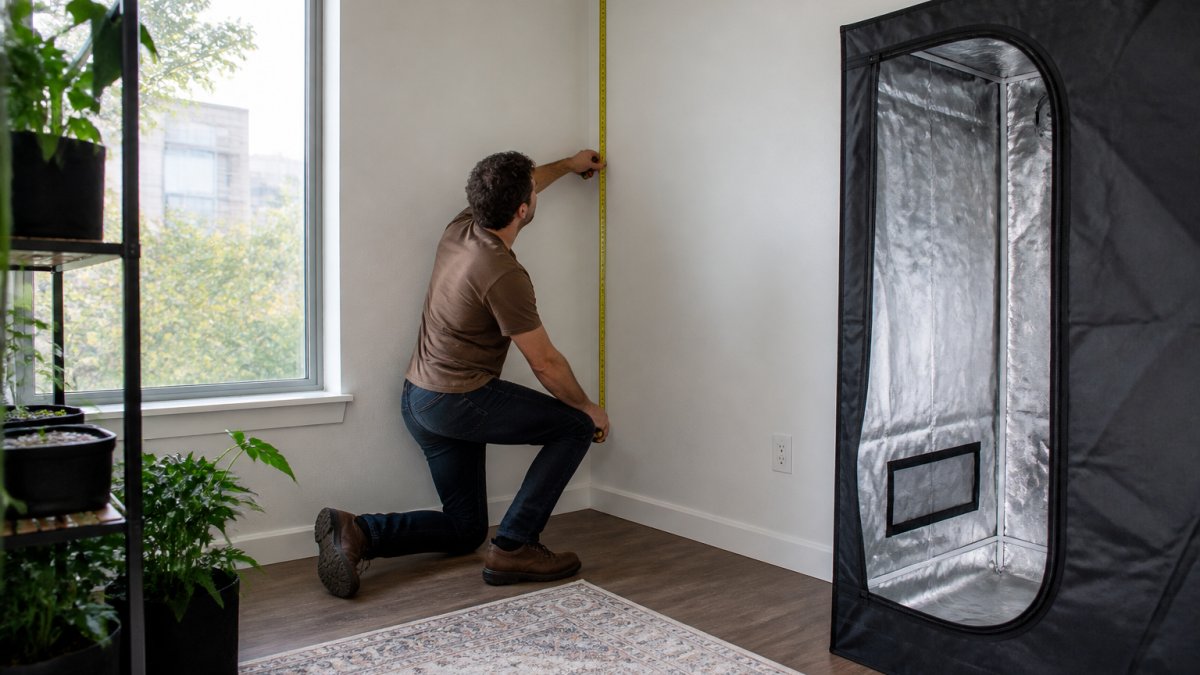Person measuring a room corner with a tape measure, assessing floor space and ceiling height for grow tent placement in a modern apartment with natural window light