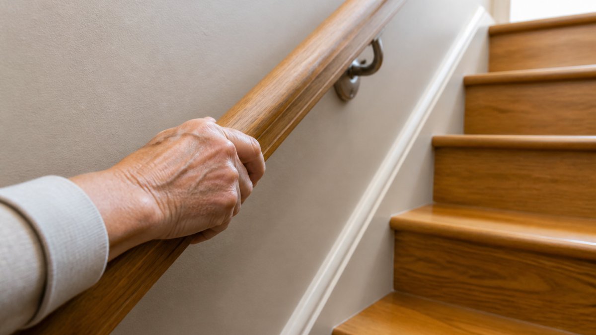 Close-up of an older adult's hand gripping a wooden stair handrail at proper height, showing secure hold and comfortable arm positioning on the rail