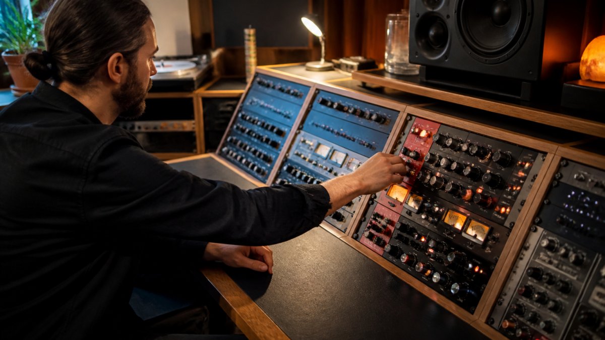 Professional mastering engineer adjusting hardware limiter controls and analog outboard gear in a dedicated mastering studio control room with warm lighting and precision monitoring setup