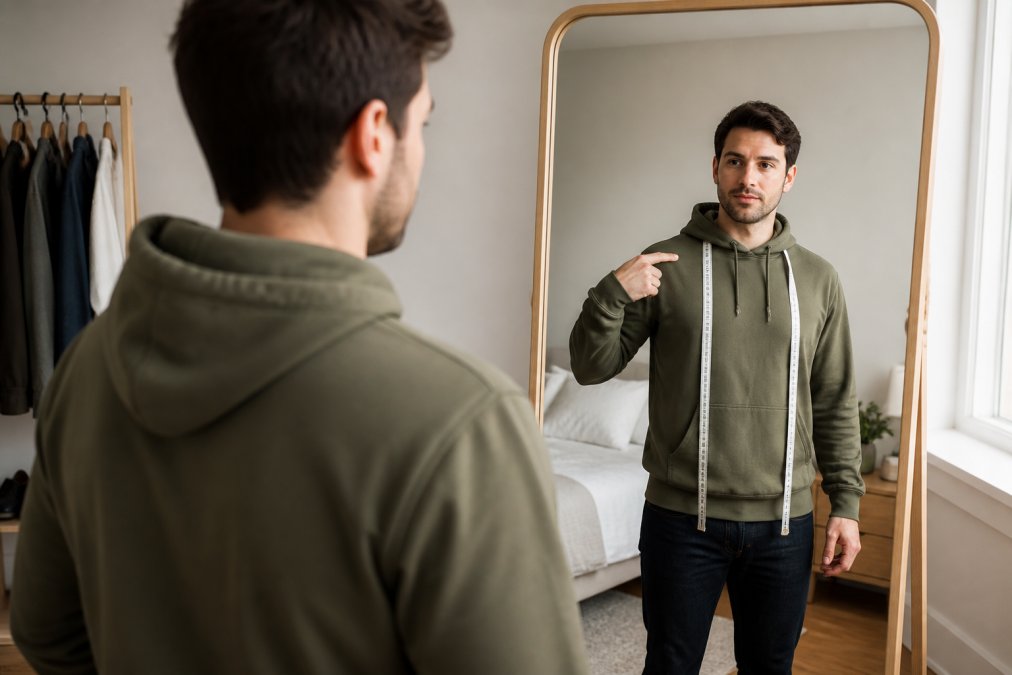 A person standing in front of a full-length mirror wearing a well-fitted hoodie, with a measuring tape draped around their neck, pointing at the shoulder seam area in a bright bedroom