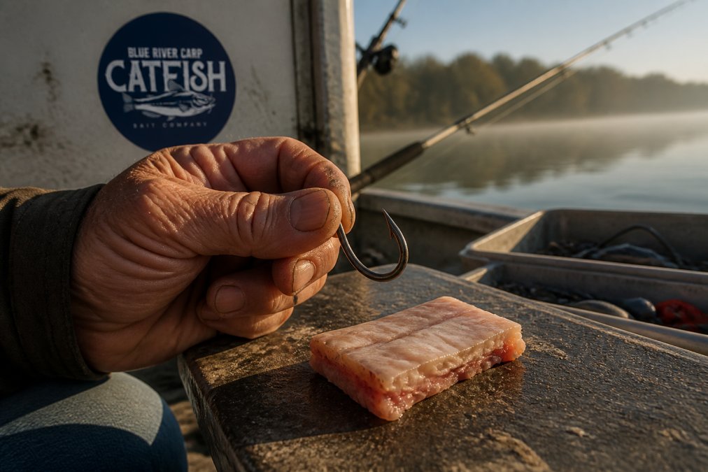 Close-up of an angler's weathered hand holding a circle hook next to a piece of cut bait on a boat deck, tackle box and fishing rod visible in the background, morning light