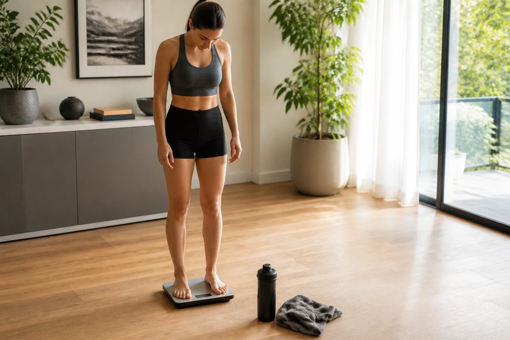 A runner stepping onto a bathroom scale before a workout, with a towel and water bottle nearby, in a bright home setting