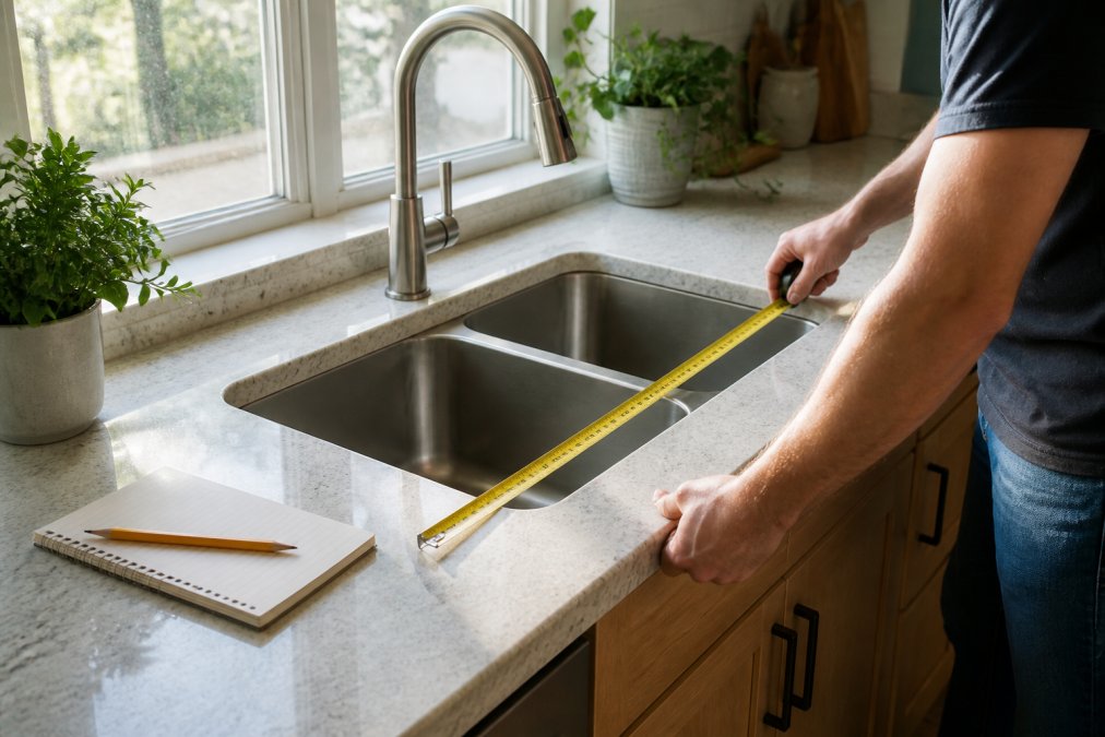 Person using a tape measure to check kitchen counter dimensions with a notepad nearby in bright morning light