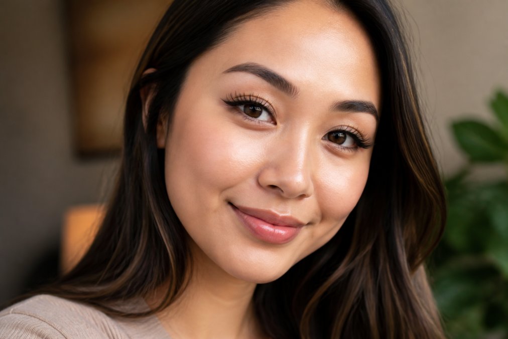 Close-up portrait of a woman with almond eyes smiling gently, showing a natural cat eye lash extension style with clearly visible lash line, soft studio lighting with warm tones