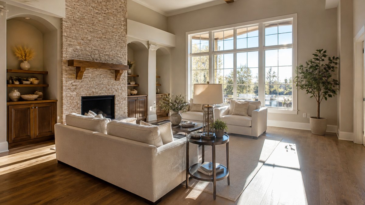 A spacious living room bathed in soft window light streaming across neutral furnishings, showing how natural light illuminates architectural details and creates inviting shadows across hardwood floors