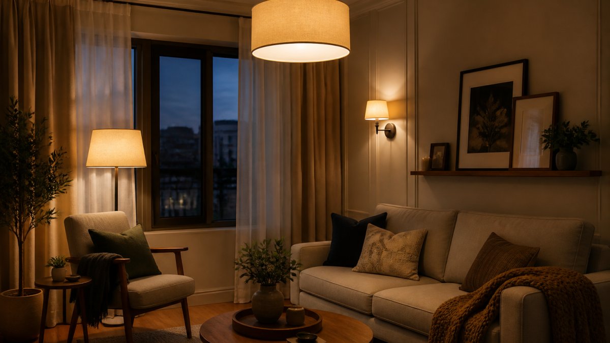 Diagram illustrating how to layer ambient, task, and accent lighting for small rooms using lamps and sconces.
