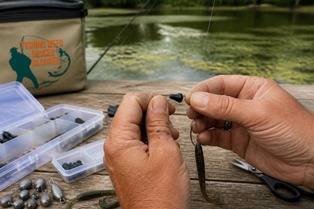Angler threading a weed-blocking device onto a line for weedless fishing in a pond