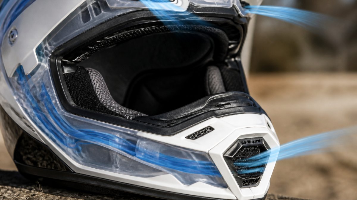 Close-up of a motocross helmet showing visible intake vents on the forehead and chin bar with internal air channels visible through translucent sections, demonstrating airflow paths during motion