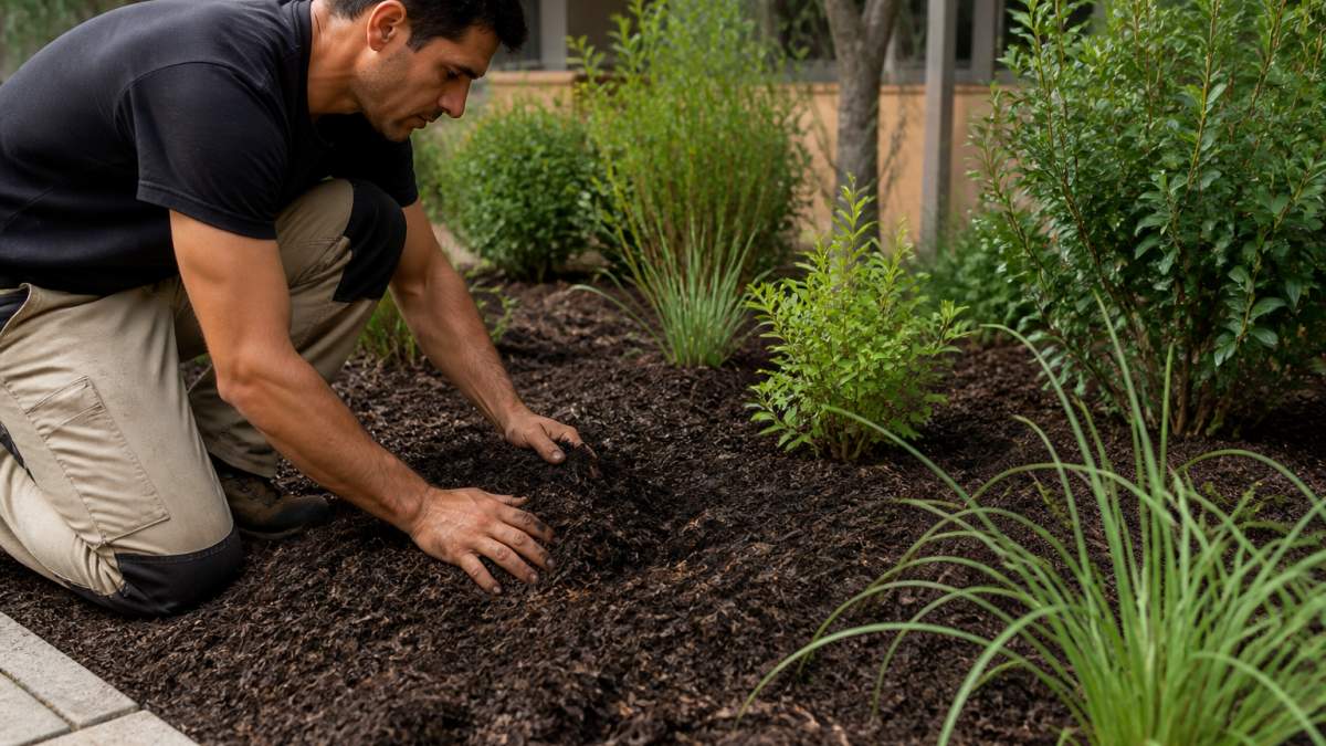Professional landscaper spreading dark organic mulch evenly across a garden bed with native shrubs and plants visible, hands working the mulch layer, natural daylight