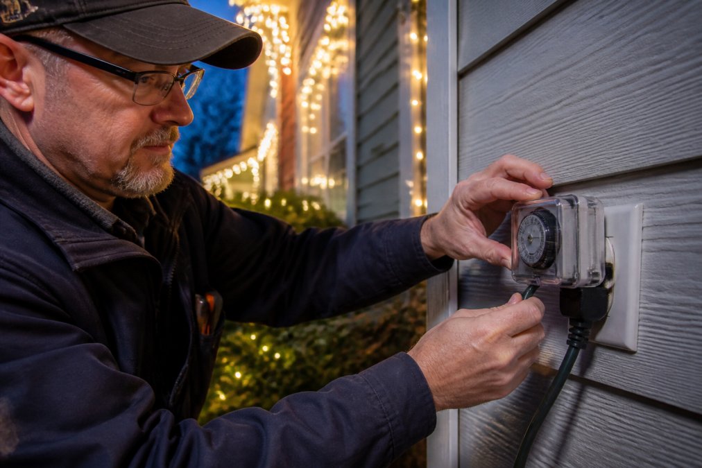 Professional electrician's hands installing a weatherproof outdoor timer into a grounded three-prong outlet on a house exterior wall, with holiday light strings visible in soft evening light