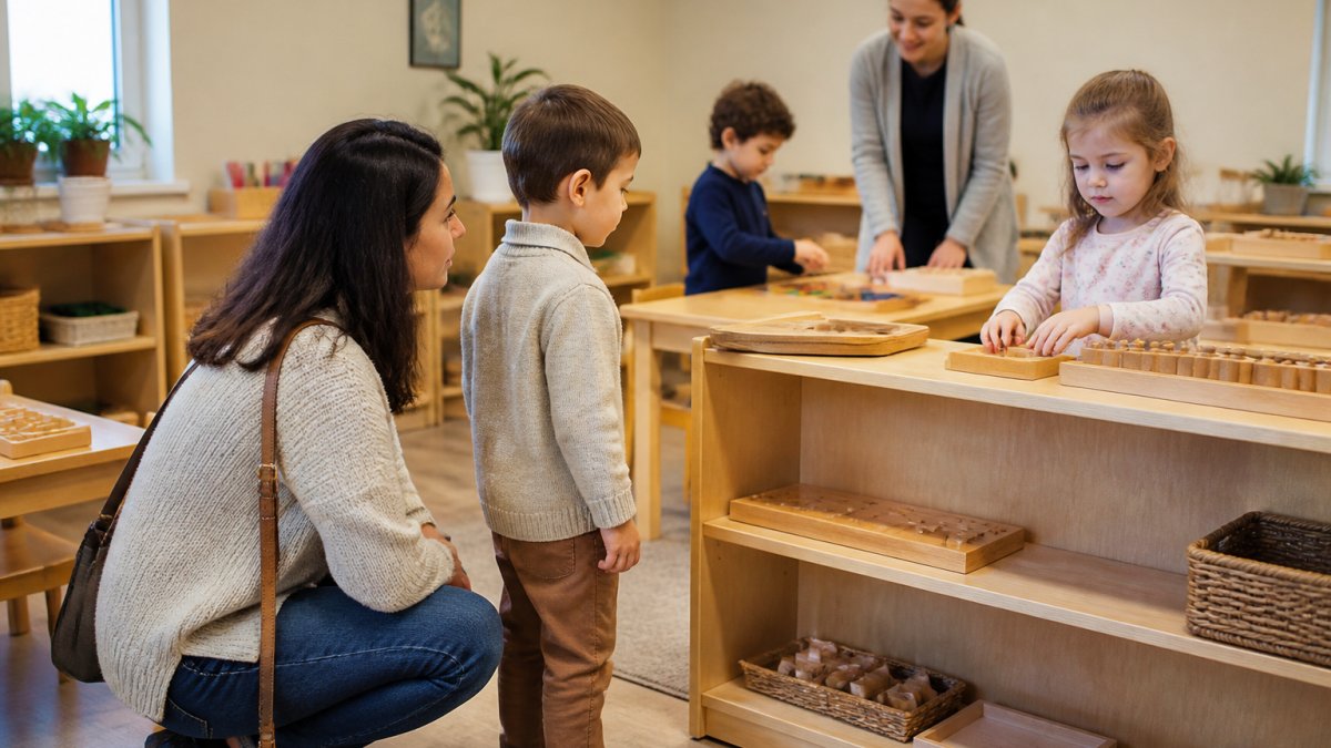 Parent observing children using Montessori materials while choosing the right preschool during a classroom tour.