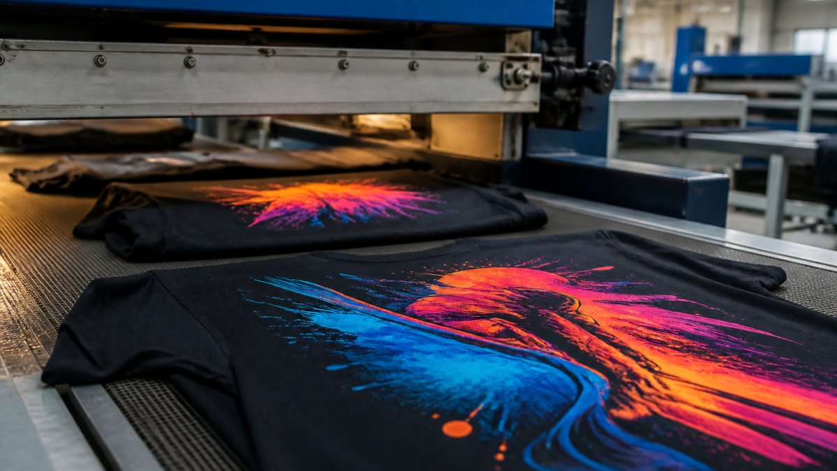 Close-up of vibrant custom apparel coming off a professional printing press, with colorful designs visible on garments under bright production lighting