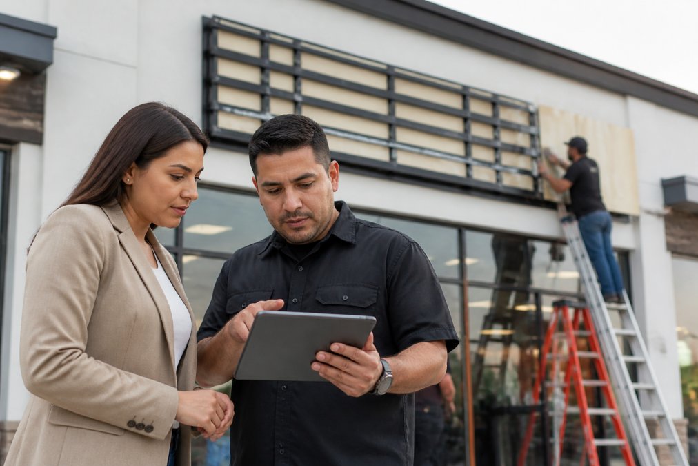 Small business owner and sign company partner reviewing storefront mockups on a tablet outside a retail location