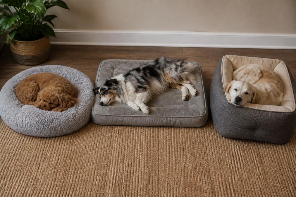 A dog stretched out flat on a rectangular bed with legs extended, a dog curled into a tight ball in a donut bed, and a dog leaning against a bolster bed edge, showing different sleeping positions