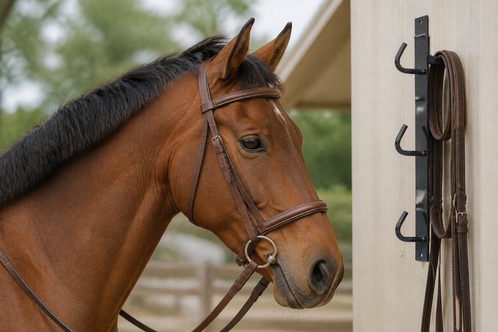 Side view of a horse's head wearing a properly fitted bridle, showing the browband sitting flat against the forehead without creasing, the noseband positioned two finger-widths below the cheekbone, and relaxed ears with no tension visible