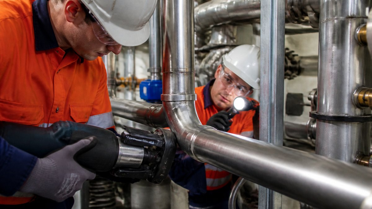 Plumbers using a press tool on a metal pipe fitting while inspecting the joint in a commercial plant room