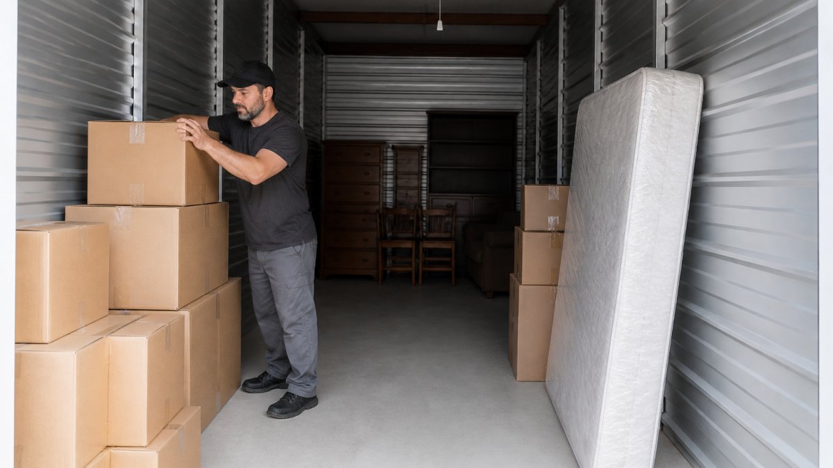 A person in casual work clothes stacking labeled cardboard boxes and a wrapped mattress inside a clean, well-lit self-storage unit, with a clear walkway down the middle and furniture pushed to the back wall