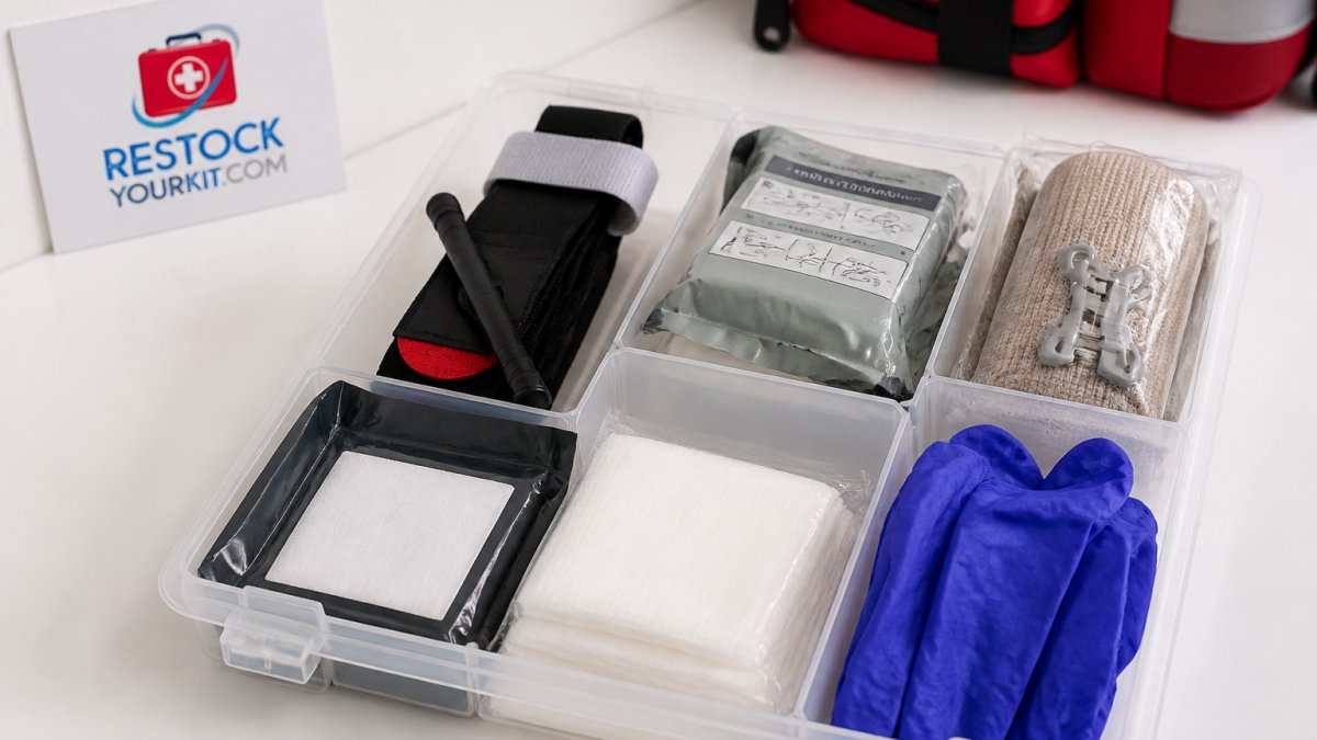 Diagram of essential bleeding control supplies for a workplace trauma kit layout