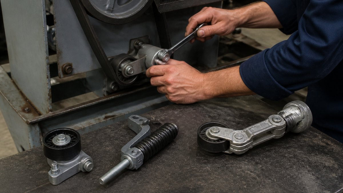 Technician adjusting a screw-type v-belt tensioner on an industrial drive with other types on the workbench.