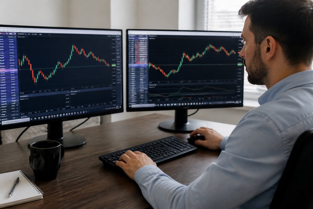 Professional trader at desk with dual monitors displaying MT5 interface with candlestick charts, keyboard and mouse positioned for precise order entry, natural office lighting showing real-time trading workspace