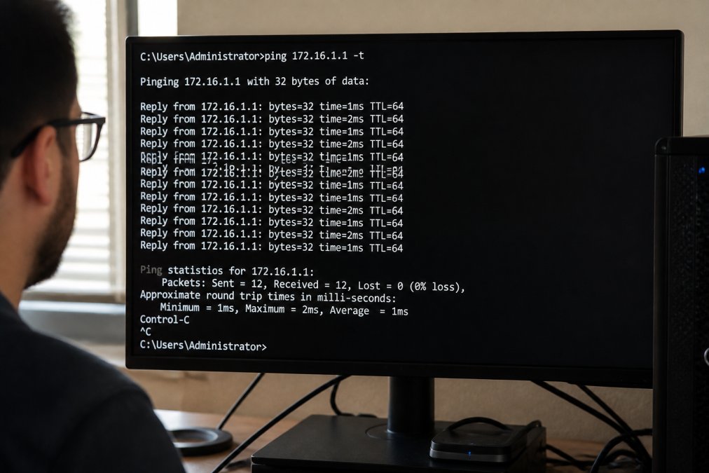 Computer monitor displaying network diagnostic tools with ping command results showing millisecond latency measurements, timestamps visible on screen, representing real-time VPS performance testing