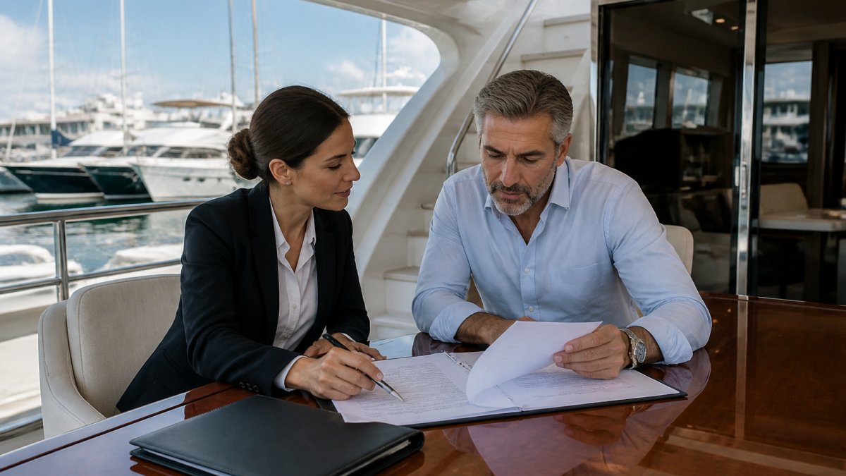 Yacht owner and broker reviewing yacht insurance documents aboard a luxury superyacht in a marina