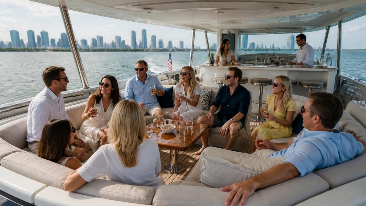 A group of 10 people enjoying drinks and conversation on a spacious flybridge with panoramic water views, comfortable seating, and a wet bar visible in the background, with the Miami skyline in the distance