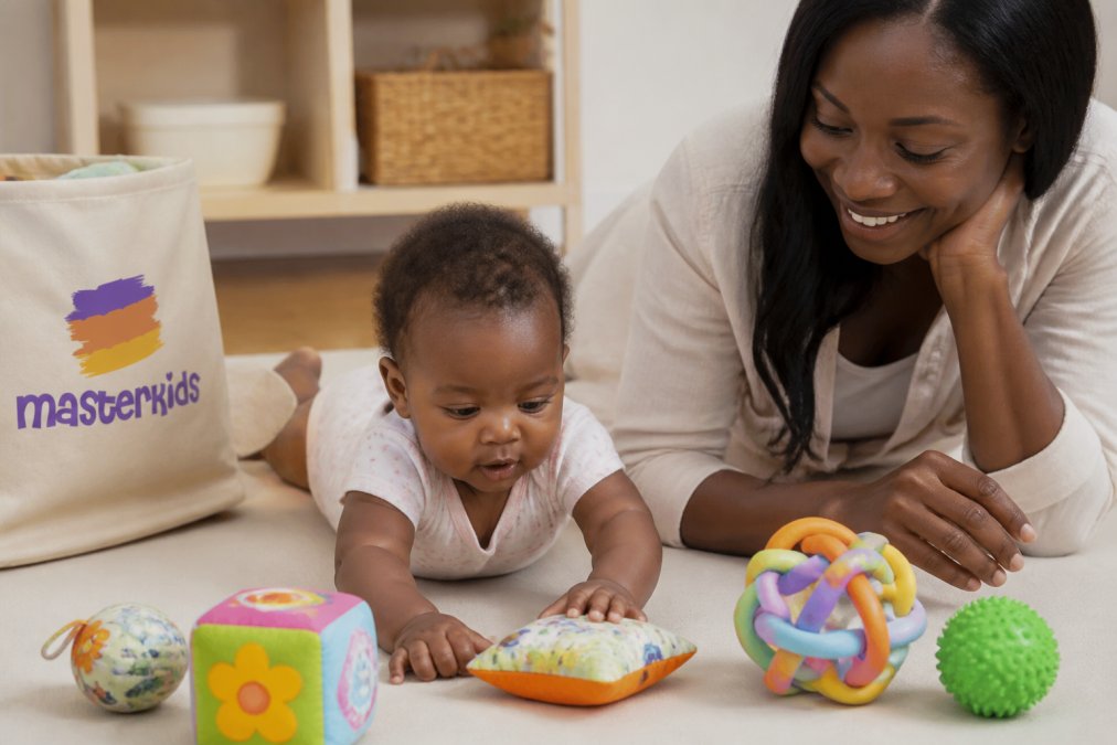 Close-up of a baby's hands exploring soft, colourful sensory toys on a clean mat, with a parent nearby supervising play