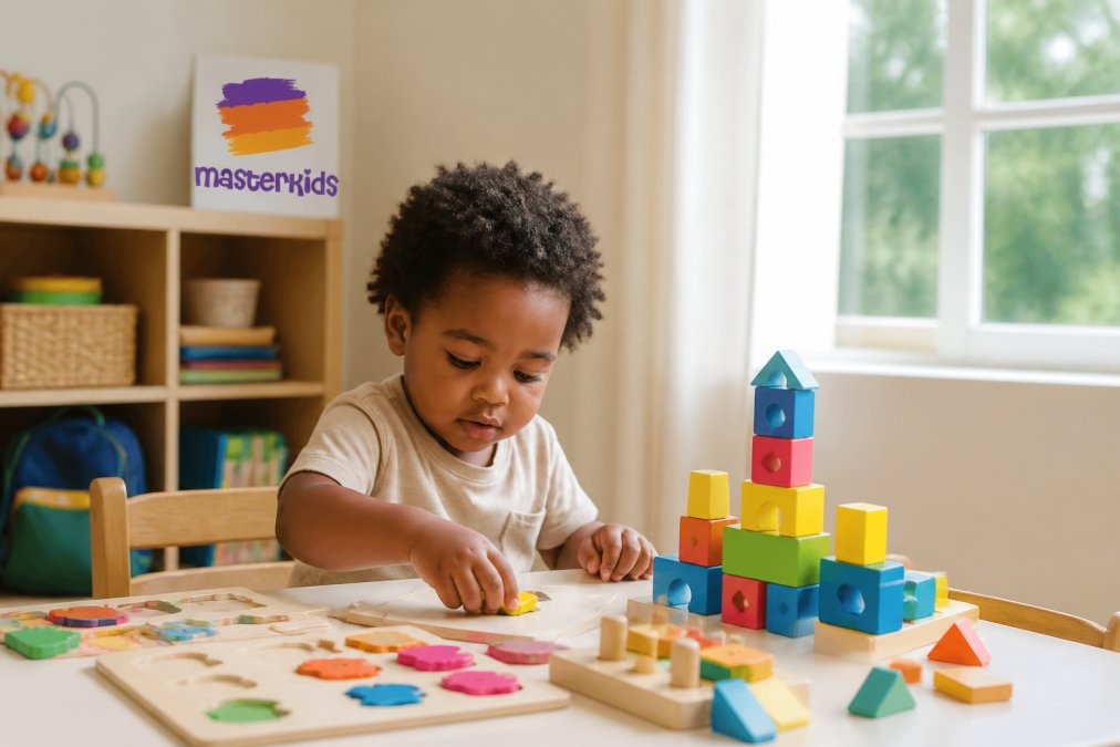 A young child concentrating while manipulating puzzle pieces and building blocks at a low play table, with natural light streaming through a nearby window