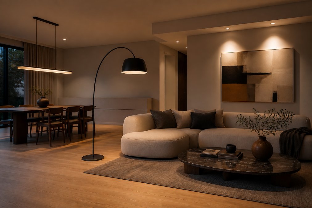 A spacious living room with layered lighting: a large linear pendant over the dining table, a sculptural floor lamp beside a sofa, and recessed spotlights highlighting art on the wall. Evening setting, warm glow.